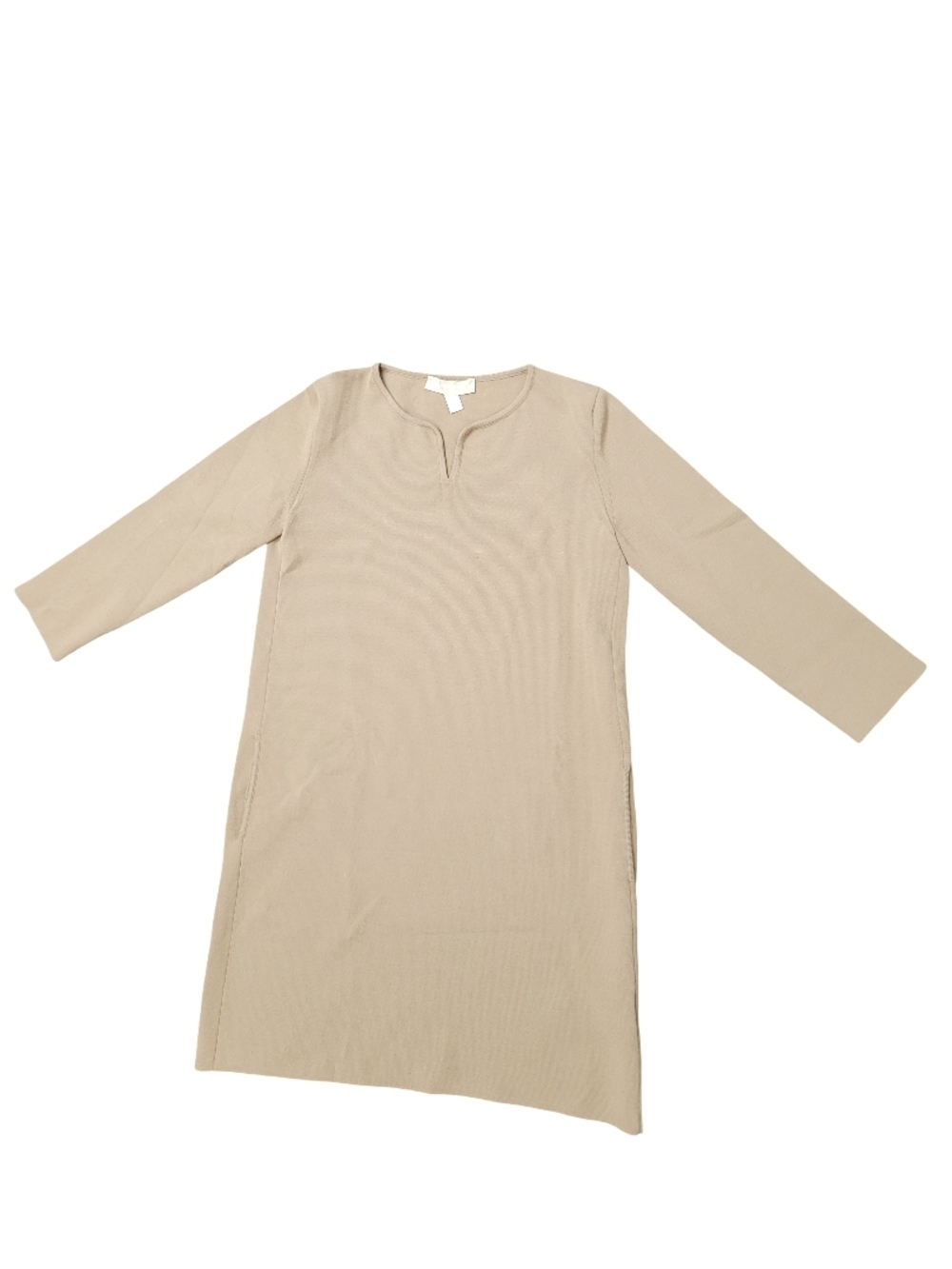 Beige Notch-Neck Ribbed Knit Shift Dress